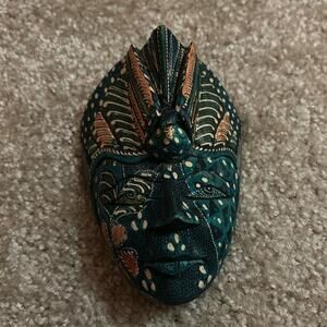 Vintage Balinese Dewi Sri Goddess Wooden Mask With Bird Multicolor